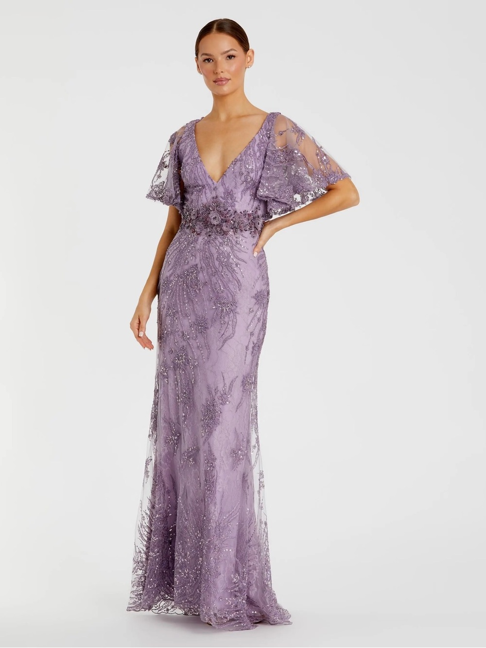Mac Duggal Purple Embellished Flutter Sleeve Evening Gown Bridal Wedding Prom